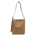 Minimalist brown leather tote bag for women featuring long straps and side buckle accents - Khaki