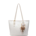 White crocodile pattern tote bag with gold lettering and cute teddy bear charm - Cream White with Pendant