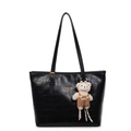 Black crocodile embossed tote bag with gold lettering and a cute plush bear charm - Black With Pendant
