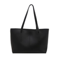 Large black matte leather tote bag with vertical double stitching and thin shoulder straps - Black