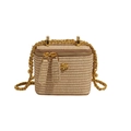 Beige gewebte Mini-Box-Tasche mit goldener Kamelienblüte und Kettenriemen - Klein / Khaki