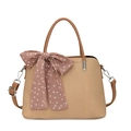 Borsa a tracolla intrecciata marrone chiaro con foulard a pois e tracolla rimovibile - Cachi