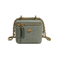 Mini-Box-Tasche in Minzgrün aus Flechtmaterial mit goldener Kamelie und Kette - Klein / Grün