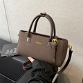 Matte dark coffee Boston bag with leather handles and gold metal hardware for women - No Pendant / Coffee
