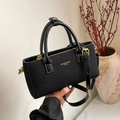 Fashionable black matte small square bag with top handle and gold hardware detail - No Pendant / Black