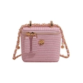 Rosa gewebte Mini-Box-Tasche mit goldener Kette und floraler Metalldekoration - Klein / Rosa