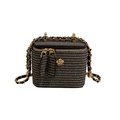 Mini retro dark grey woven box bag with golden floral charm and chain shoulder strap - Small / Black