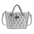 Bolso tote acolchado plateado con acabado metálico, asas de cadena y cierre giratorio - Plateado