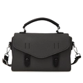 Dark grey textured crossbody bag with black leather trim and silver metal hardware - Black