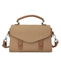 Khaki woven crossbody handbag with brown leather trim and detachable shoulder strap - Khaki