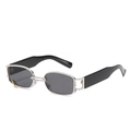 Lunettes de soleil rétro rectangulaires, monture métal argenté et détail anneau doré - Monture Argent Verres Gris