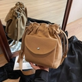 Brown canvas bucket bag with drawstring and silver buckle shown in front and back views - Khaki