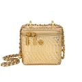 Mini sac boîte doré à motif serpent avec bandoulière chaîne et détail fleur - Or