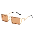 Golden rectangular sunglasses with orange lenses and lightning bolt shaped temples - Gold Frame Brown Lens