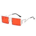 Square sunglasses with bold red lenses and silver lightning-shaped metal temples - Silver Frame Wine Red Lens
