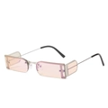 Retro square narrow metal frame sunglasses with trendy pink lenses on white background - Silver Frame Light Silver Lens
