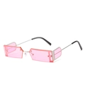 Pink rectangular rimless metal sunglasses with silver frame and avant-garde geometric lenses - Ready Stock / Silver Frame Pink Lens