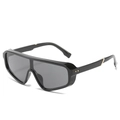Fashionable black one-piece oversized shield sunglasses with stylish gold metal accents - Black Frame / Black Lens