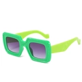 Neon green square frame sunglasses with wood grain texture and purple gradient lenses - Green Frame Double Gray Lenses