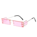 Pink rectangular rimless punk sunglasses with silver metal temples and square side lenses - Silver Frame Pink Lens