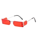 Rectangle rimless sunglasses with vibrant red lenses and slim silver metal frames - Silver Frame Wine Red Lens