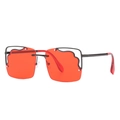 Modern oversized square sunglasses with red lenses and a black wavy top metal bar - One Size / Black Frame Wine Red Lens