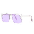 Modern rimless lavender square sunglasses with silver wavy metal frame accents - One Size / Silver Frame Purple Lens