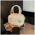 Minimalist beige glossy crossbody bag with decorative bow and buckle for women - White