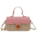 Elegante borsa a mano in paglia intrecciata con manico in pelle rosa e chiusura oro - Rosa
