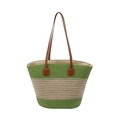 Large capacity striped straw tote bag with brown leather handles for beach vacations - Green