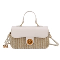 Mini borsa a mano in pelle bianco crema e paglia intrecciata con chiusura rotante dorata - Bianco