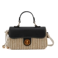 Borsa quadrata in paglia beige retrò con patta in pelle nera e chiusura dorata - Nero