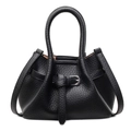 Black litchi grain leather handbag with silver buckles and dual top handles for women - Black