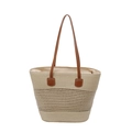 Bolso tote de paja a rayas beige con asas de cuero marrón para vacaciones de playa - Blanco Roto