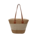 Bolso tote grande de paja a rayas con asas de cuero marrón para playa y verano - Caqui