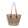 Bolso tote de paja a rayas rosas y beige con asas de cuero marrón para las vacaciones - Rosa