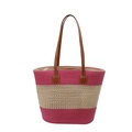 Bolso tote de paja a rayas rosa y beige con asas de cuero sintético marrón de moda - Rosa Rojo