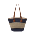Blue and beige striped straw tote bag with brown leather handles for summer vacations - Blue