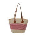 Large beige woven straw tote bag with pink stripes and brown faux leather handles - Beige with Rose Red Stripes