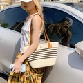 Minimalist beige woven tote bag with black stripes and brown leather strap details - Black Stripe Rice White
