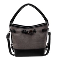 Bolso saco minimalista de lona con ribetes de cuero negro y bandolera ajustable - Patchwork gris y negro