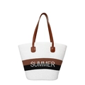 Große weiße Strohtasche mit SUMMER Stickerei und braunen Ledergriffen für den Sommer - Weiß
