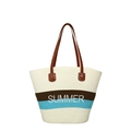 Große Strohtasche mit blauen und braunen Streifen sowie SUMMER-Stickerei-Detail - Gebrochenes Weiß
