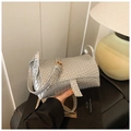 Detailed view of silver woven crossbody bag with gold metal buckle and sleek texture - Silver
