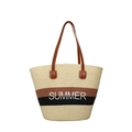 Dreifarbige Strohtasche mit SUMMER-Stickerei und braunen Ledergriffen für Strand - Khaki