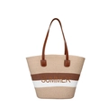 Große dreifarbige Strohtasche mit SUMMER-Stickerei und dunkelbraunen Lederriemen - Rosa