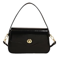 Minimalist black patent leather crossbody bag with wave design flap and golden clasp - Black