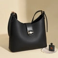 Große schwarze Leder-Beuteltasche mit Litschi-Muster, Goldschnalle und Schultergurt - Schwarz
