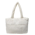 White quilted puffer tote bag with padded handles and minimalist diamond stitch design - White