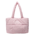 Pink quilted puffer tote bag with large square stitching and padded top handles - Pink